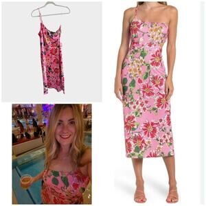 19 Cooper One Shoulder Bodycon Pink Floral Stretch Midi Dress, Large